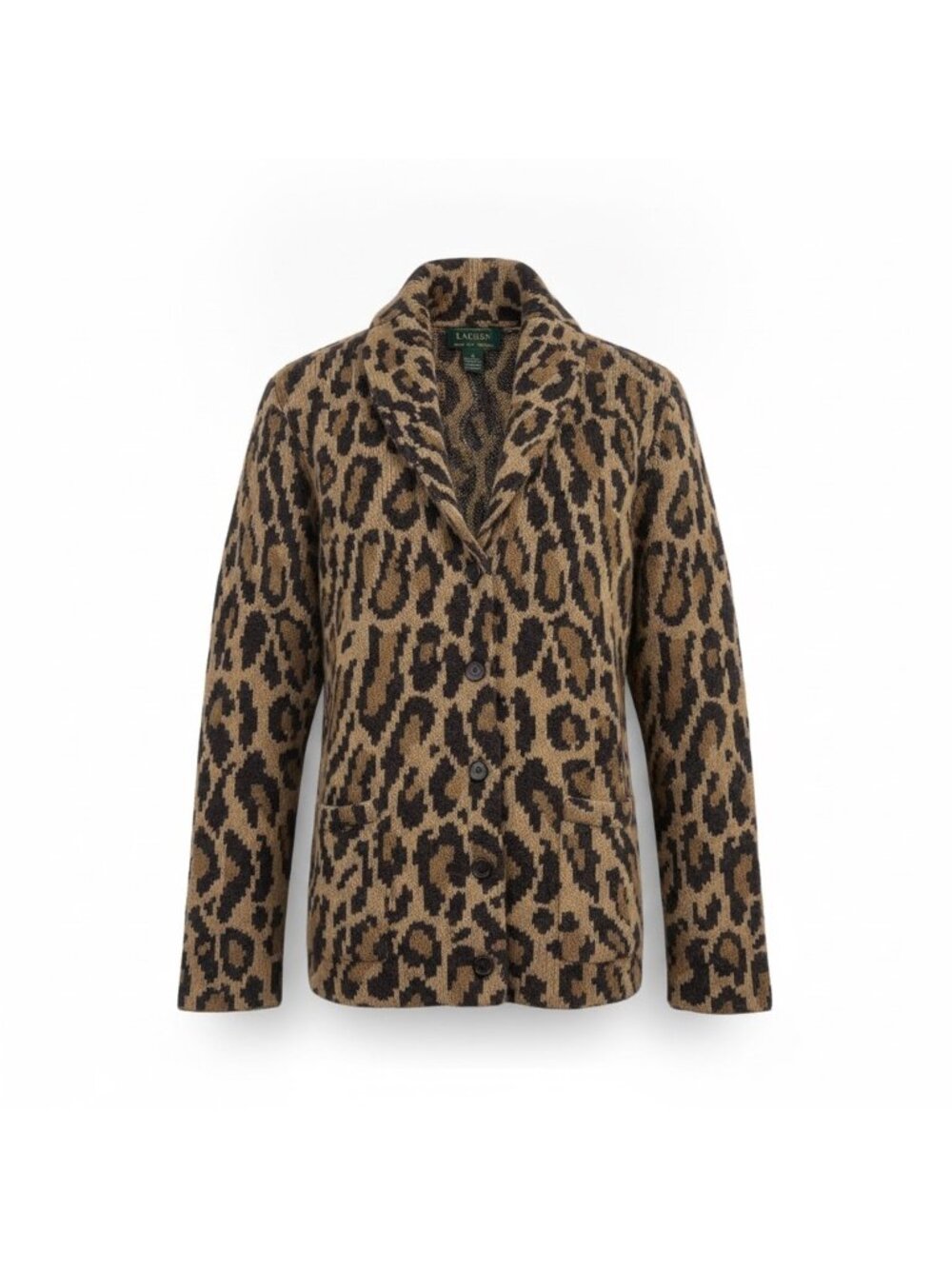 Lauren Ralph Lauren Womens Leopard Print 100% Lambswool Cardigan Jacket Sz M